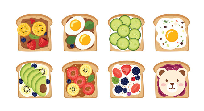 Various healthy breakfast toast slices topped with fresh fruits, vegetables, eggs, and nut butter arranged in a decorative pattern.