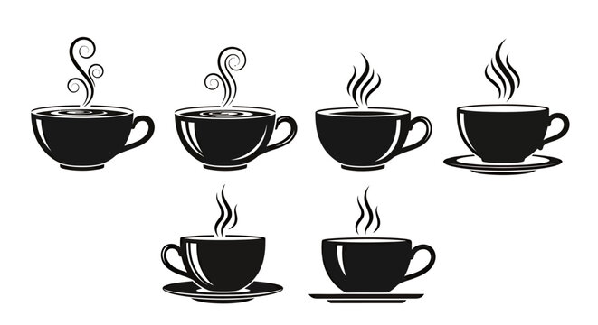 Collection of steaming coffee cups in a neat arrangement, illustrating hot beverages.