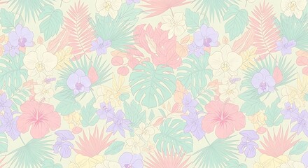 Obraz premium Pastel botanical pattern featuring exotic flowers and jungle leaves