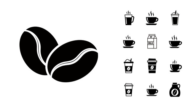 Two large coffee beans beside a column of assorted coffee cups and beverages icons.