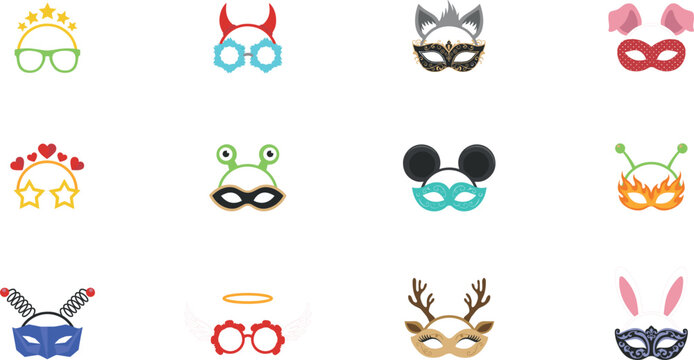 Cute party masks and headband photo booth props vector set for carnival festival celebration design