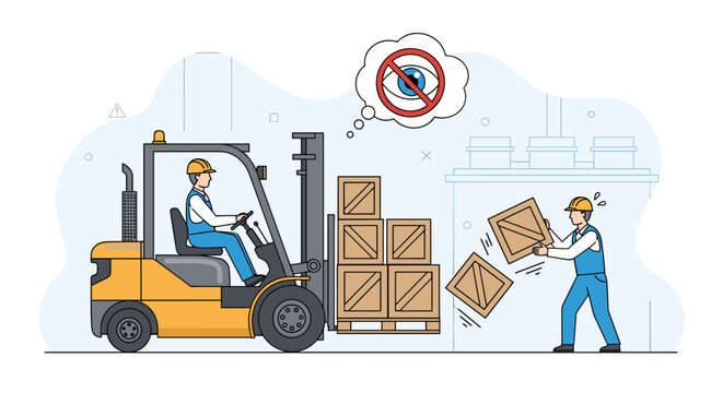 Workplace safety illustration showing correct and incorrect ways to operate a forklift with falling wooden boxes.