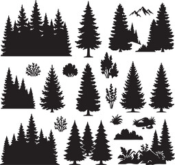 Fototapeta premium Collection of Pine Tree Silhouettes and Forest Landscapes for Nature Design Projects
