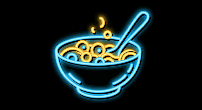 Neon blue bowl of cereal with glowing yellow rings in a dark background, a vibrant breakfast illustration.