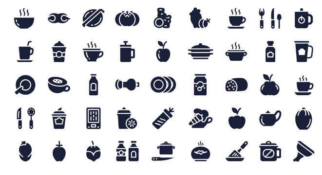 Dense collection of monochrome food and beverage icons for design projects.