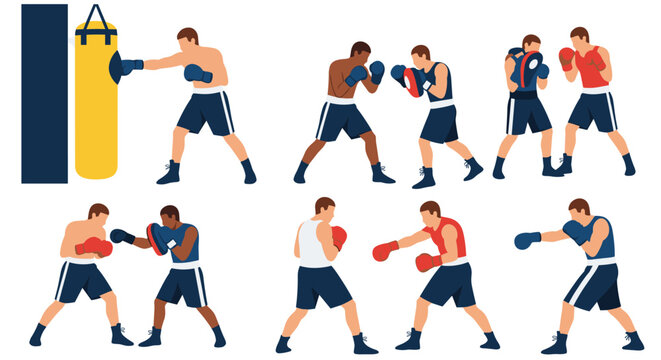 Collection of athletes practicing different boxing and kickboxing techniques with equipment and sparring partners.