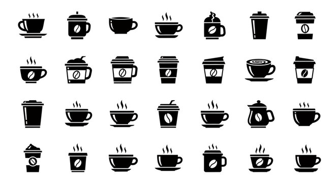 Collection of black coffee cup icons in various styles and arrangements for design projects.