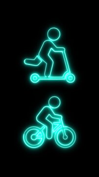 Neon signs of people riding e-scooter and bicycle with dark background
