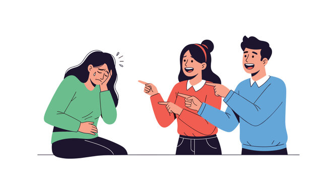 Harassment and social exclusion depicted with a man and woman pointing and laughing at a distressed crying young woman in green.