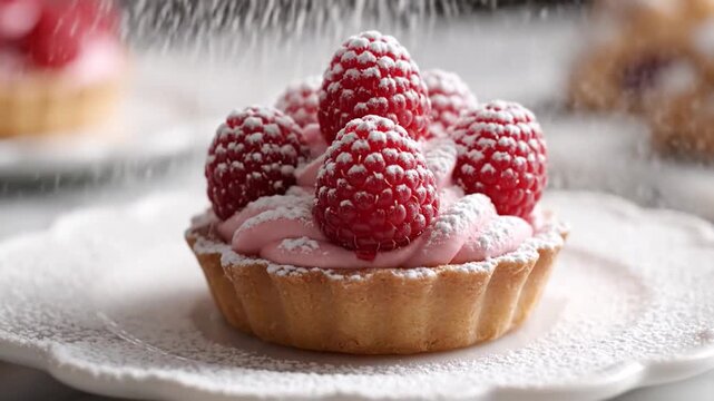 Delicate raspberry tart topped with pink cream and dusted with powdered sugar