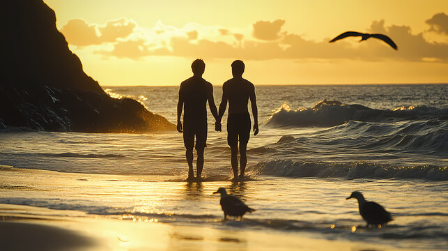 Sunrise Beach Stroll of Two Men