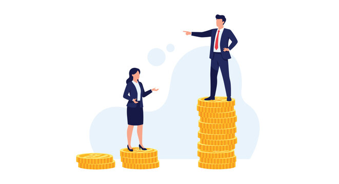 Businessman and businesswoman stand on stacks of coins illustrating gender pay gap and financial inequality in the workplace.