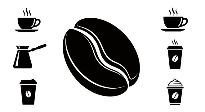 Assorted coffee icons featuring cups and a central roasted coffee bean.