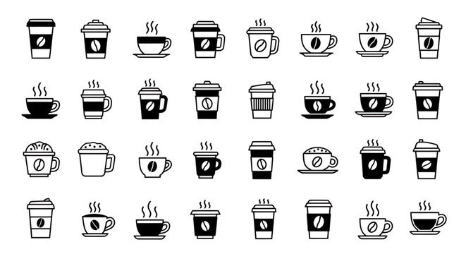Collection of coffee cup icons in various styles and layouts.