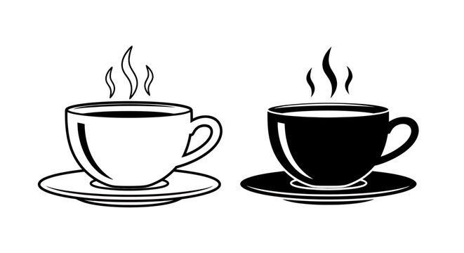 Two coffee cups on saucers, one white outline and one solid black, side by side.