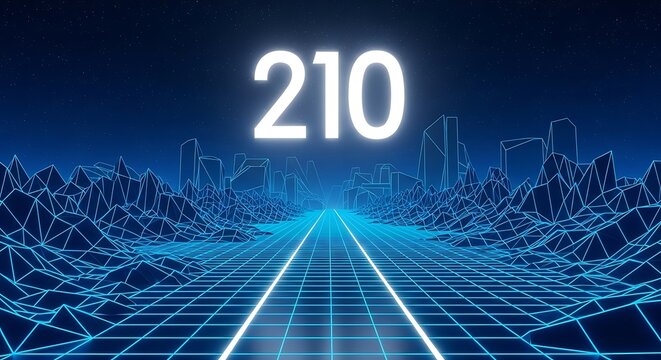 Neon blue futuristic digital landscape with the number 210 glowing in the center.