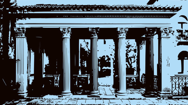 Ancient Greek Columned Portico Facade with Ionic Columns and Arches