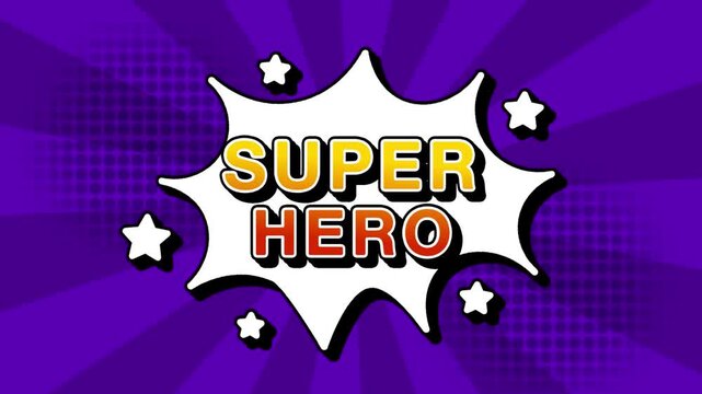Super Hero text word lettering popup comic cartoon reveal with bomb and smoke explosion manga anime book page dots with radial speed lines doodle violet background with seamless loop animation retro
