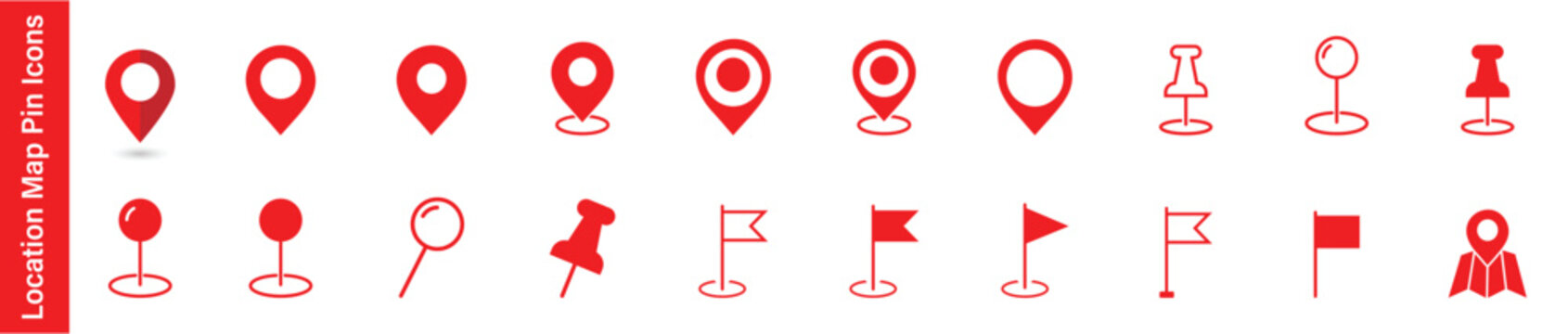 Location map pin icons set. Map and location icon set with pins arrows flags and navigation symbols. Location pin icon. Map pin place marker. Map marker pointer icon. GPS location symbol. 
