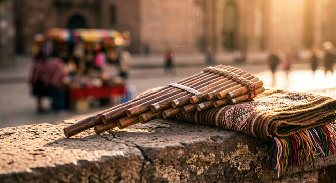 A close-up, artistic composition featuring a traditional pan flute resting on a rustic, weathered stone ledge next to a small, hand-woven textile. 