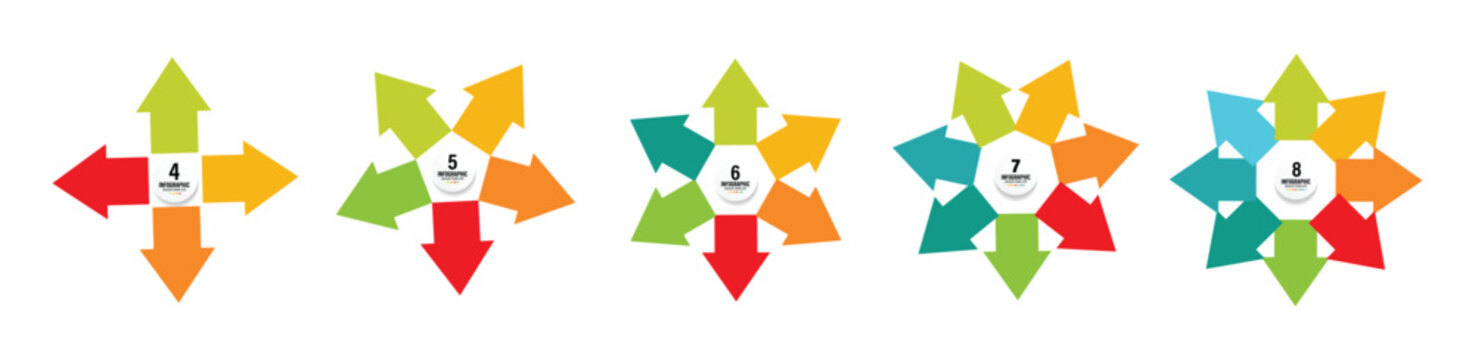Colorful circle arrow charts. Multicolor spinning arrows, repeat circle and reload icon vector set. Circle arrows icon set. Business strategy workflow process infographic elements, circular diagrams.