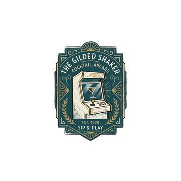Vintage Gilded Shaker Cocktail Badge Featuring Retro Arcade Cabinet And Martini Glass, 1928 Style Sip And Play Design, Polished Metal Finish, Classic Barroom Ambience, Vector Illustration