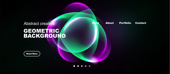Naklejka premium Dark background features vibrant overlapping circles. Text elements include geometric design, navigation options, plus read more button.