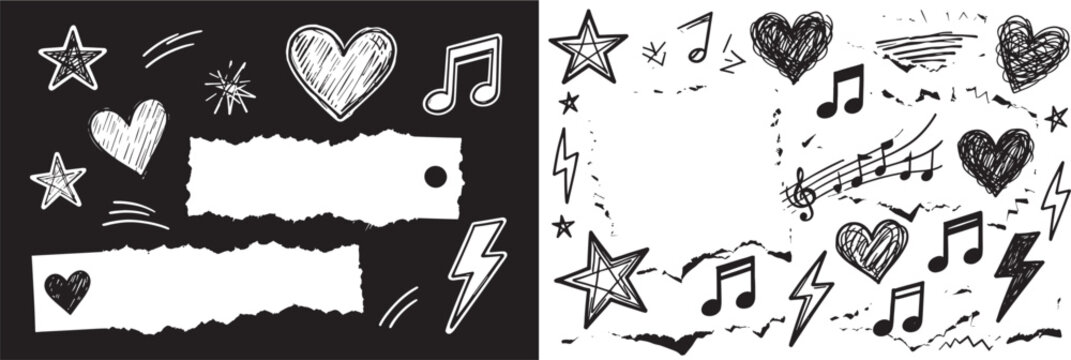 Hand drawn doodle set with hearts stars musical notes and torn paper strips in sketchy grunge style vector