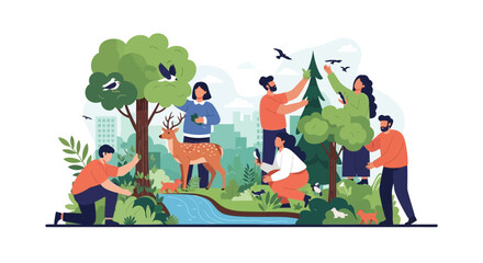 Fototapeta premium People and Wildlife Conservation in Urban Nature illustration