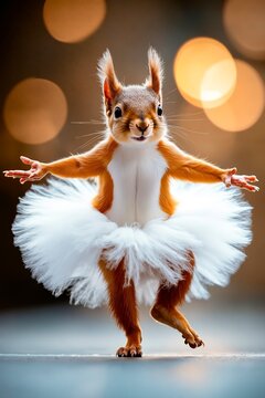 A squirrel in a tutu is dancing on the floor