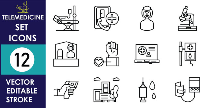 Set of telemedicine and digital healthcare line icons featuring remote consultation, medical monitoring, virtual appointments, diagnostics, prescriptions, patient communication, healthcare technology.