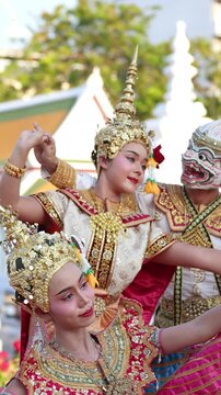 Thai Khon Classical Dancers Perform in Traditional Costumes at Wat Suthat