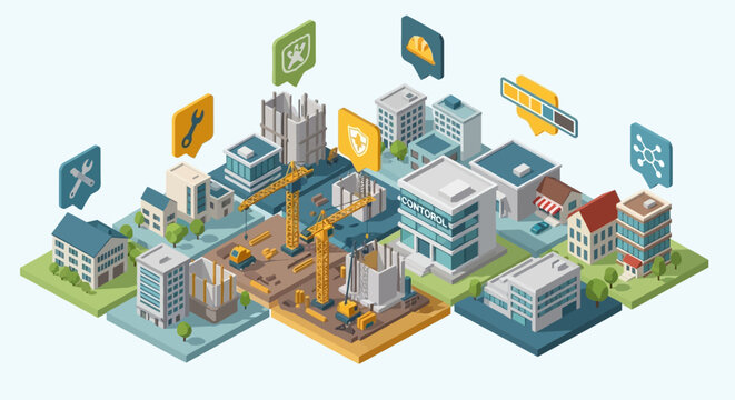 Isometric city construction site with cranes buildings and industrial safety tool icons for urban development planning concept