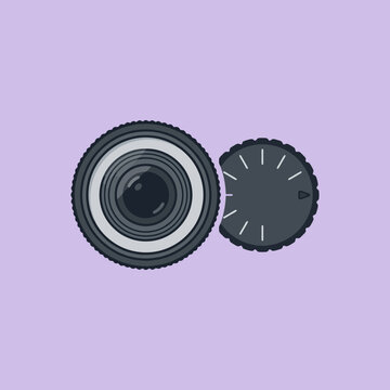 A minimalist illustration of a camera lens and control dial