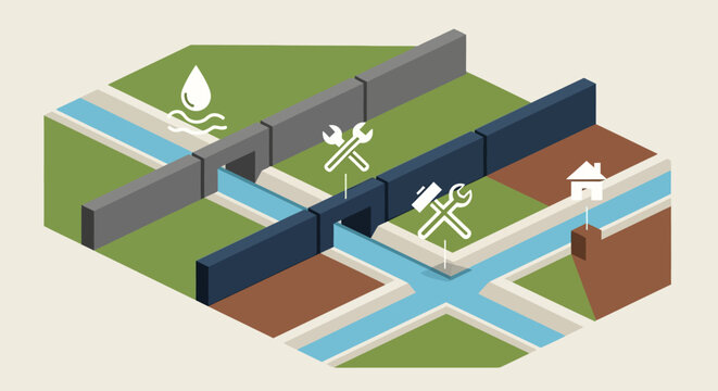 Isometric vector illustration of water management canal infrastructure with floodgates and maintenance icons