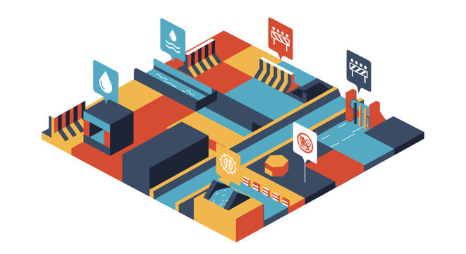 Clean isometric illustration of a water management system and purification infrastructure
