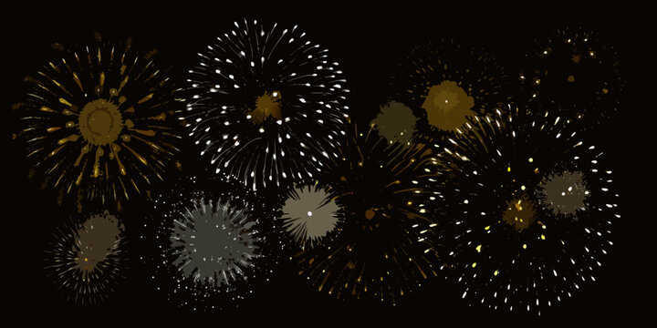 Cluster of realistic gold and white fireworks exploding against a black background digitally created