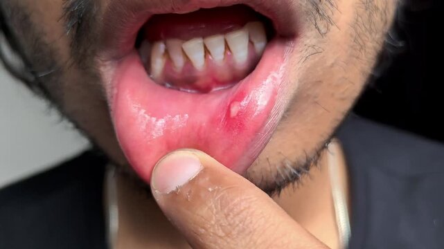 Closeup of a man showing a painful mouth ulcer or canker sore on the inner side of his lower lip
