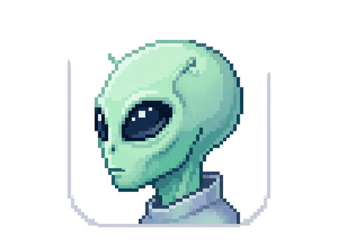 Cute little pixel art alien creature with a vibrant green head and a purple segmented body standing in a friendly pose designed for retro style video game assets displayed on transparent background.