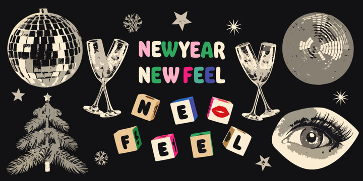 New year collage featuring disco ball champagne flutes pine tree and eye illustration on black