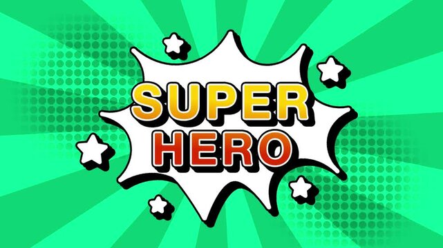 Super Hero text word lettering popup comic cartoon reveal with bomb and smoke explosion manga anime book page dots with radial speed lines doodle teal background with seamless loop animation retro