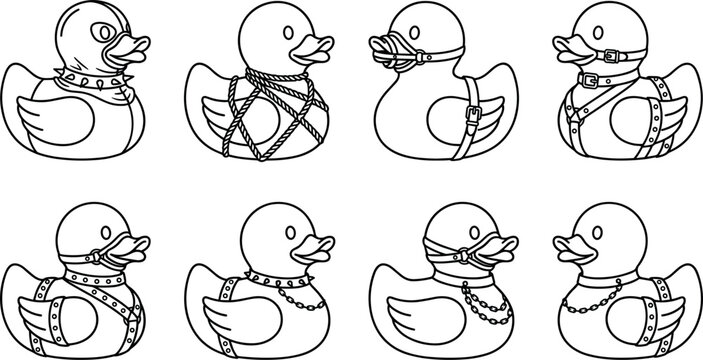 Cute rubber ducks vector line art set with adult kink and bdsm gear design