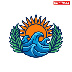 Fototapeta premium Sun and Waves with Laurel Wreath Emblem.