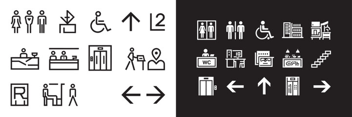 Minimalist wayfinding and public facility vector icon set with restroom accessibility elevator stairs and directional arrows for architectural signage © Nur