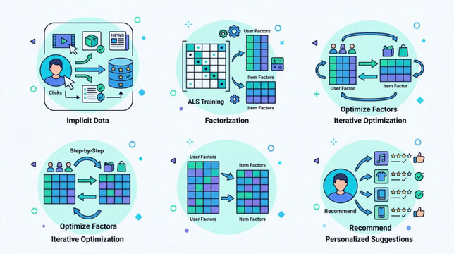 The RJ_113KGJ_VF illustration showcases various data processing techniques through vibrant graphics and diagrams arranged in six sections on a clean background.