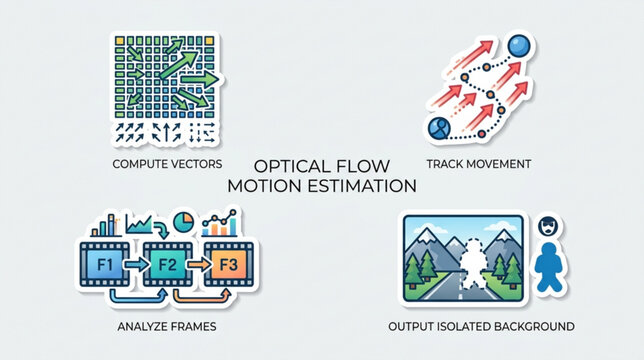 Technological illustration of motion estimation process with computer vectors and optical flow.