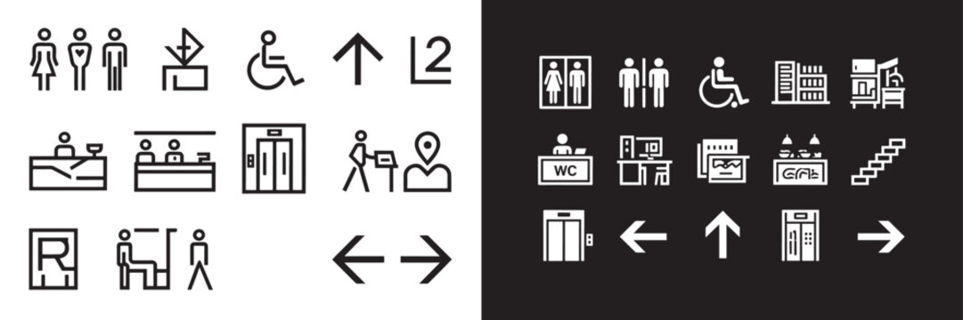 Minimalist wayfinding and public facility vector icon set with restroom accessibility elevator stairs and directional arrows for architectural signage