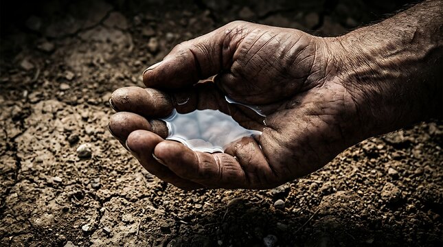 Dirty cupped hand holding clear water over parched dry soil