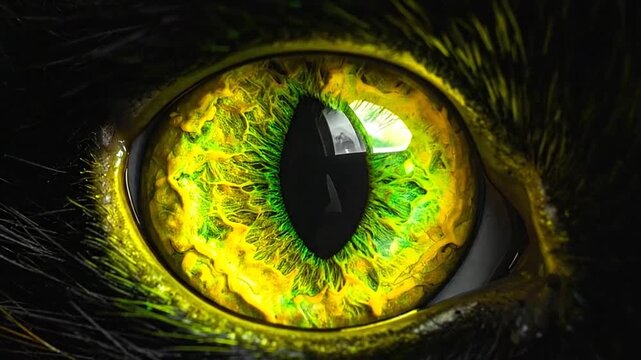 A close up view of a vibrant yellow and green animal eye