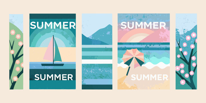 Set Of Four Vertical Summer Vacation Travel Posters With Floral And Beach Scenes advertising